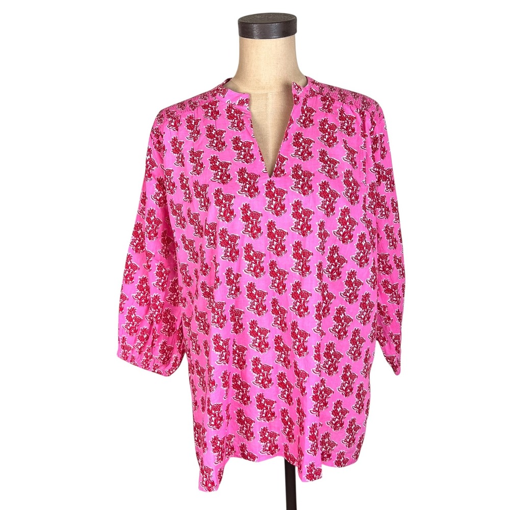 Ros Garden Pink Red Floral Block Print Tunic Top Smocked Shoulder Blouse Large